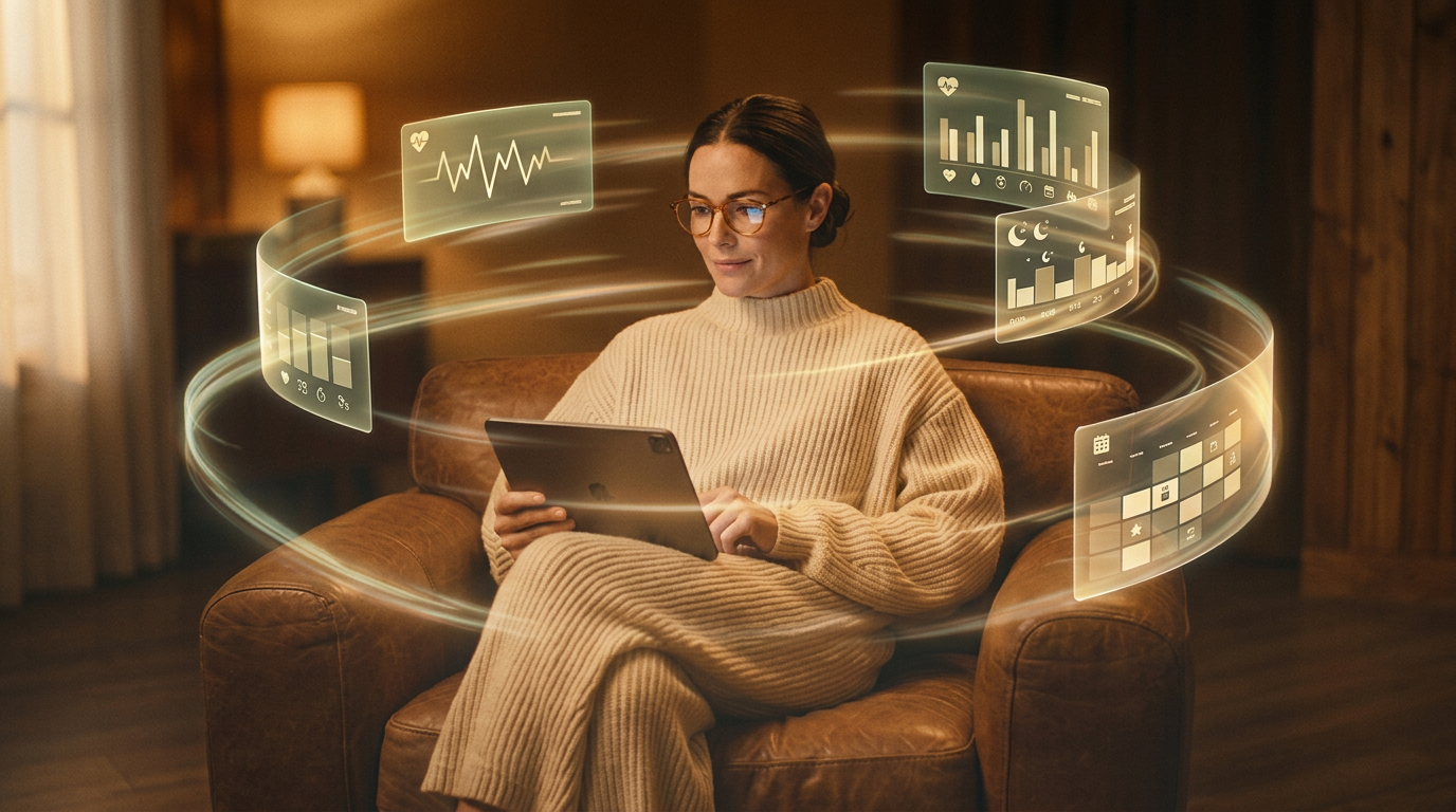 A woman reading her morning health brief on a tablet, surrounded by soft holographic data